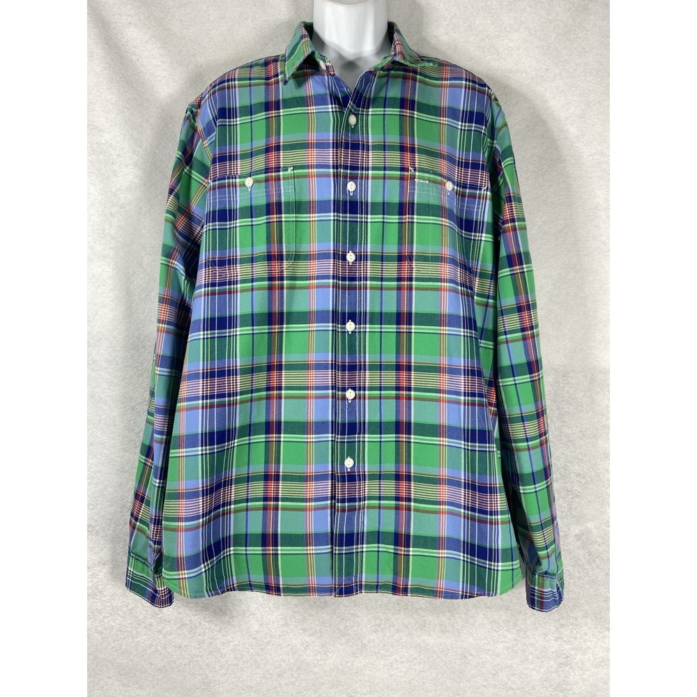 Polo Ralph Lauren Oxford Work Shirt Mens XXL Green Blue Button Up Plaid Cotton